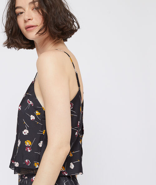 Crop top de sat&eacute;n estampado floral negro.