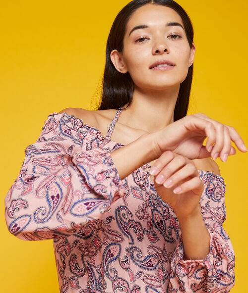 Túnica estampada hombros al descubierto multicolor.