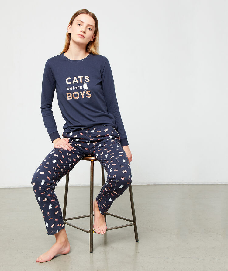 Pantalón estampado gato azul.