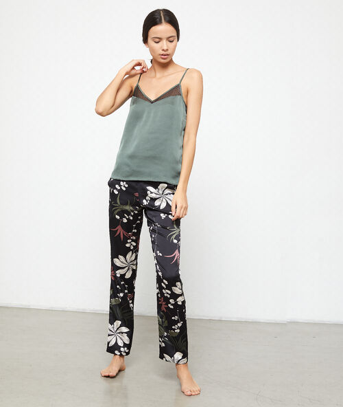 Pantalón de satén estampado floral negro.