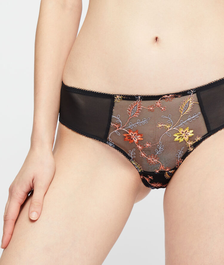 Culote encaje, bordados florales negro.