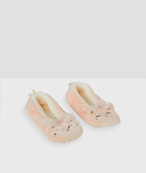 Zapatillas tejido peluche gato rosa.