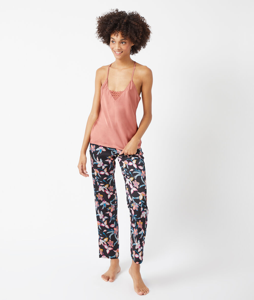 Pantalón de satén estampado negro.
