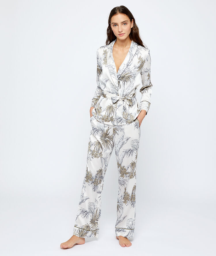 Pantalón pijama estampado hojas blanco.