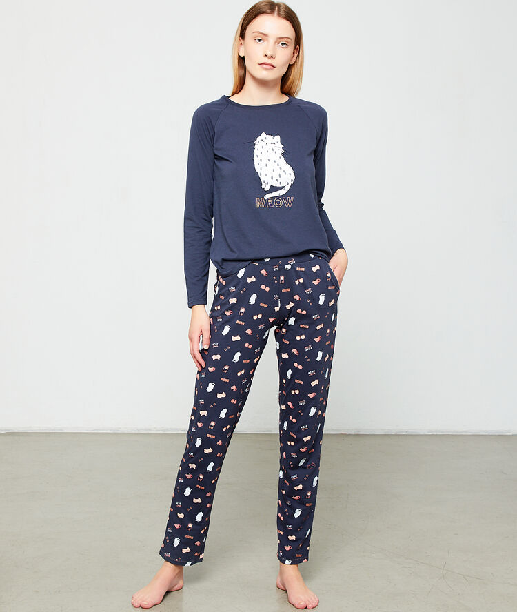 Camiseta 'meow' estampado gato azul.
