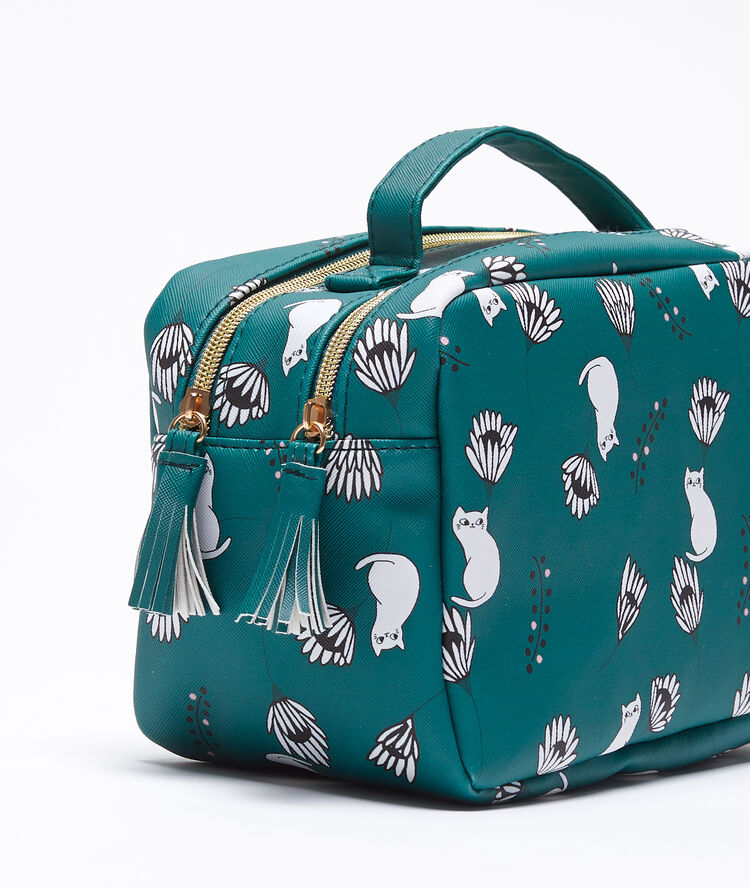 Neceser estampado de gatos y flores azul.