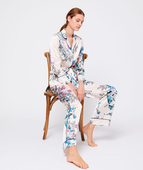 Pantalón de satén estampado floral crudo.
