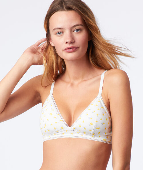 Sujetador triangular de algodón estampado limones. copa a-b blanco.