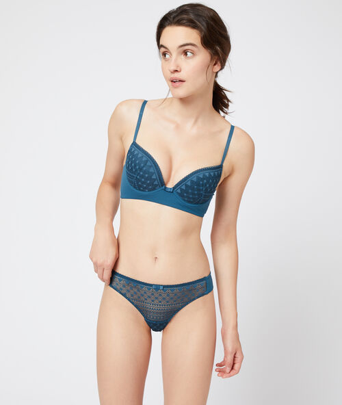 Tanga de encaje gráfico y microfibra turquesa.