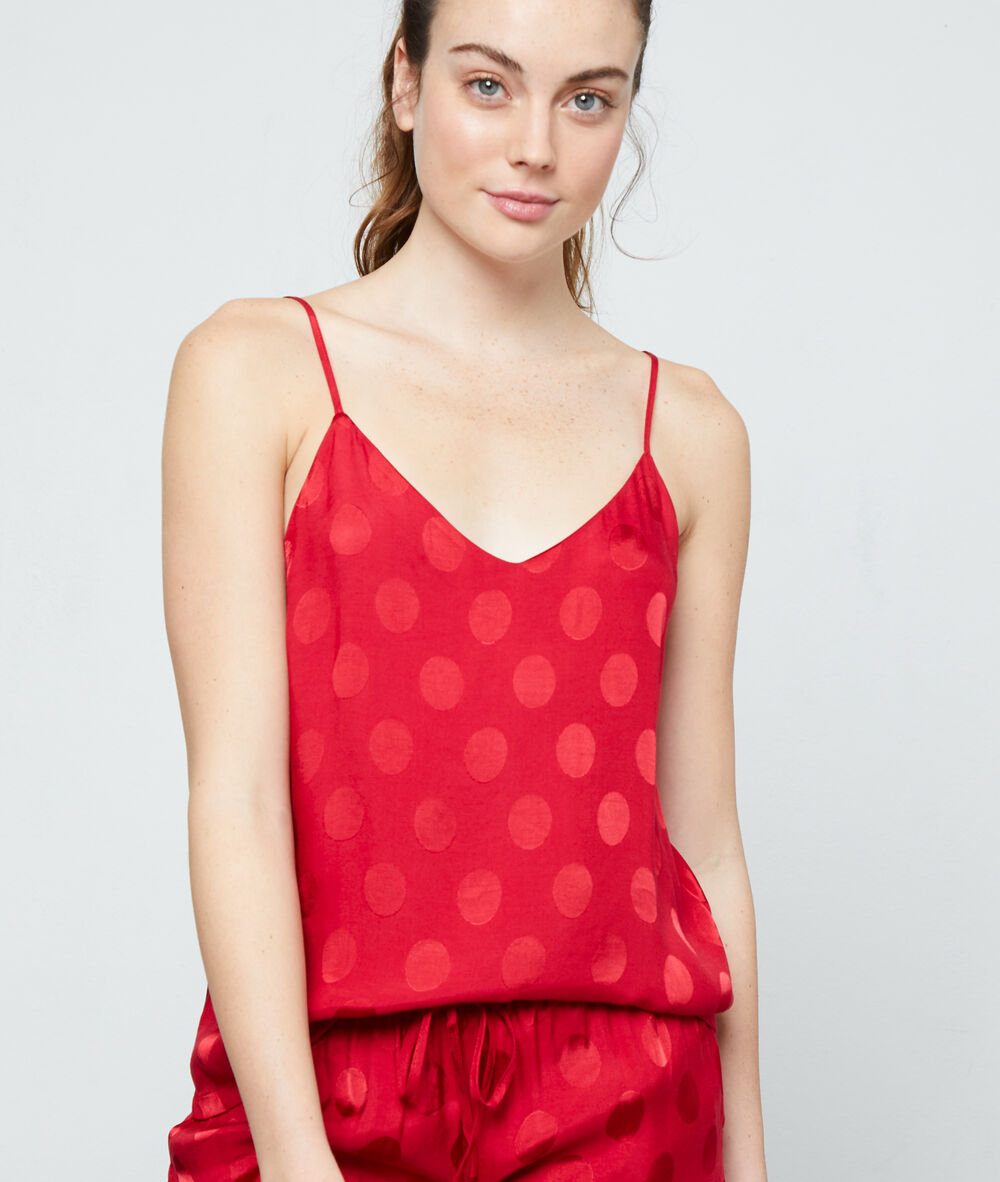 Top satén estampado lunares rojo.