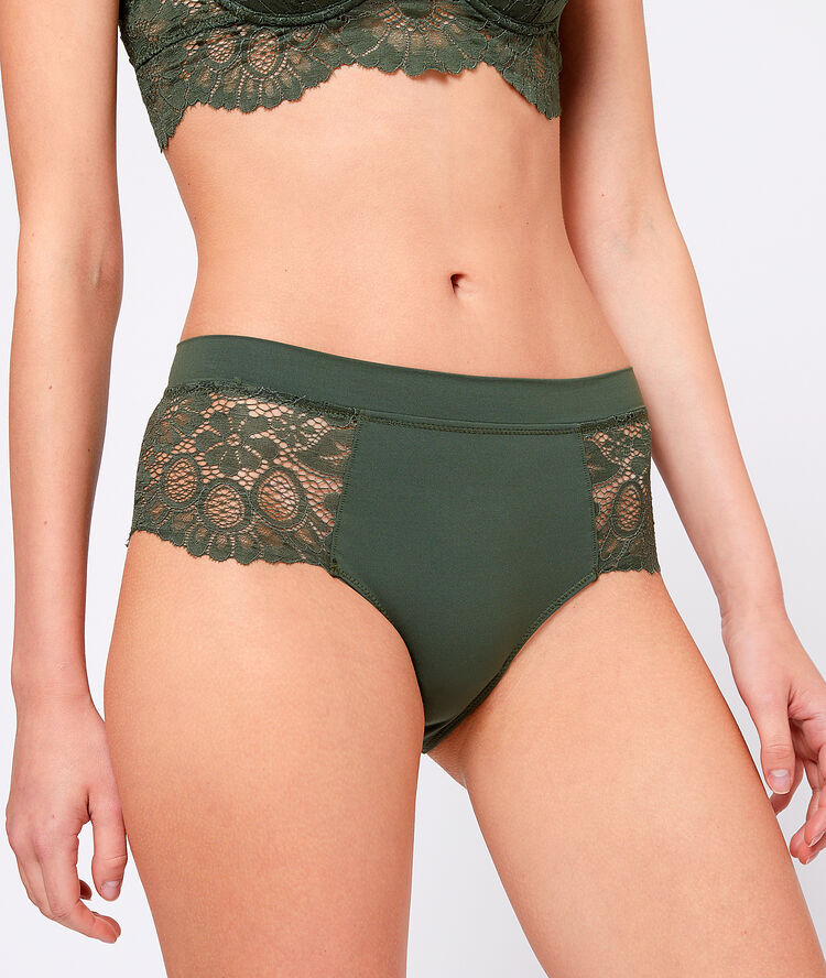 Culote de encaje floral y microfibra caqui.
