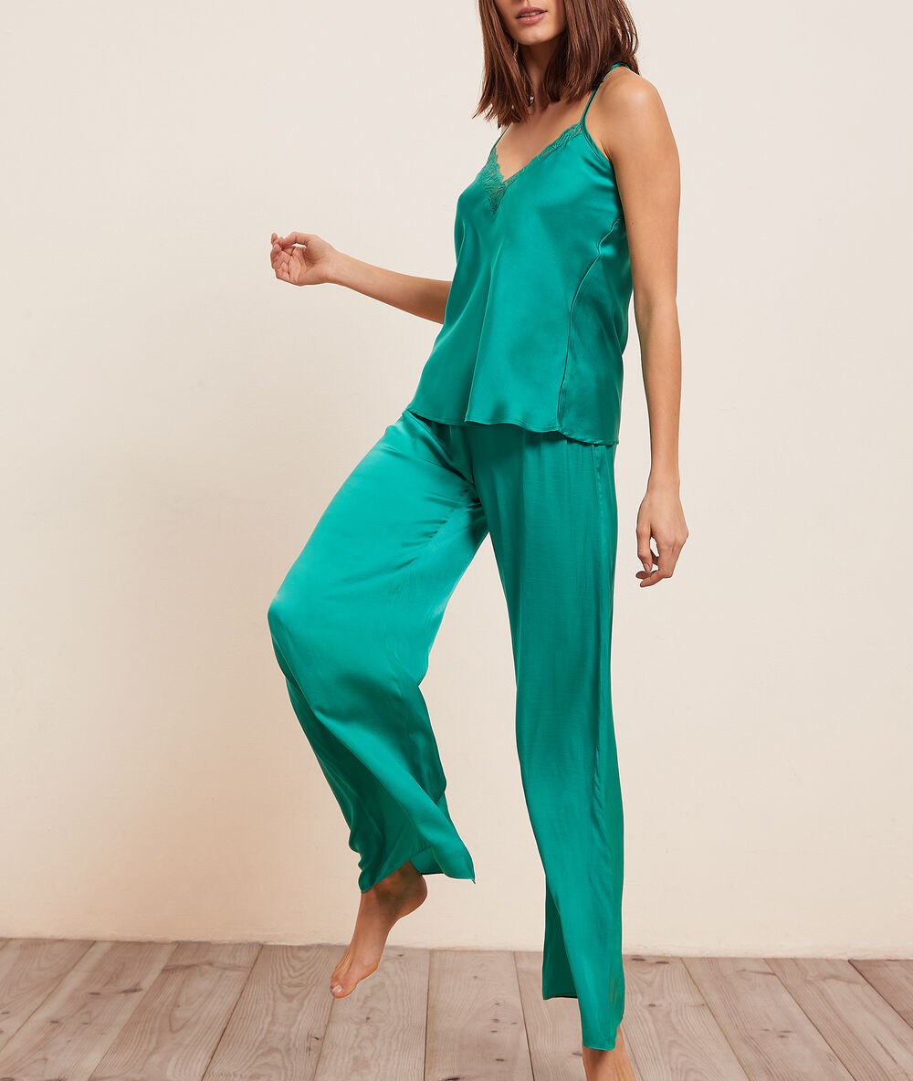 Pantalón de pijama ancho de satén verde.