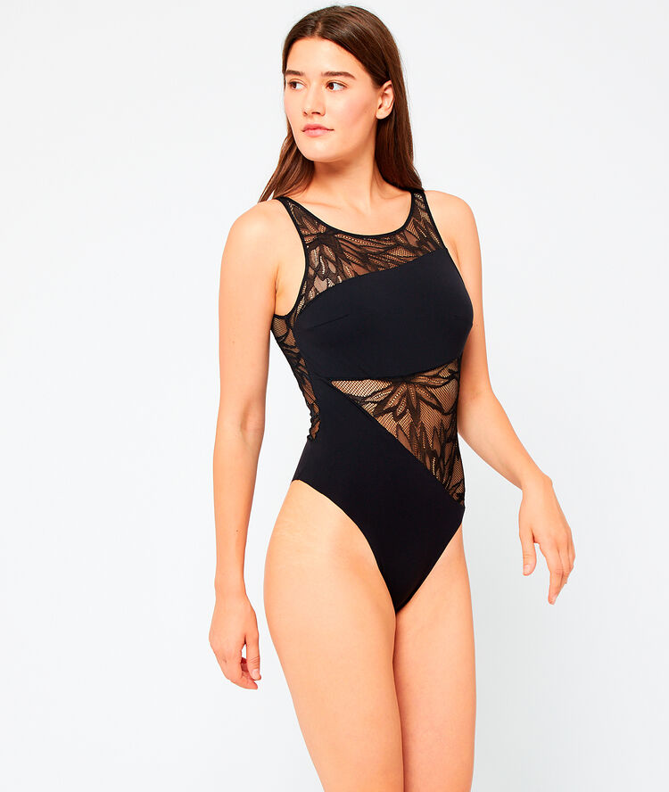 Body de microfibra y encaje, espalda abierta negro.