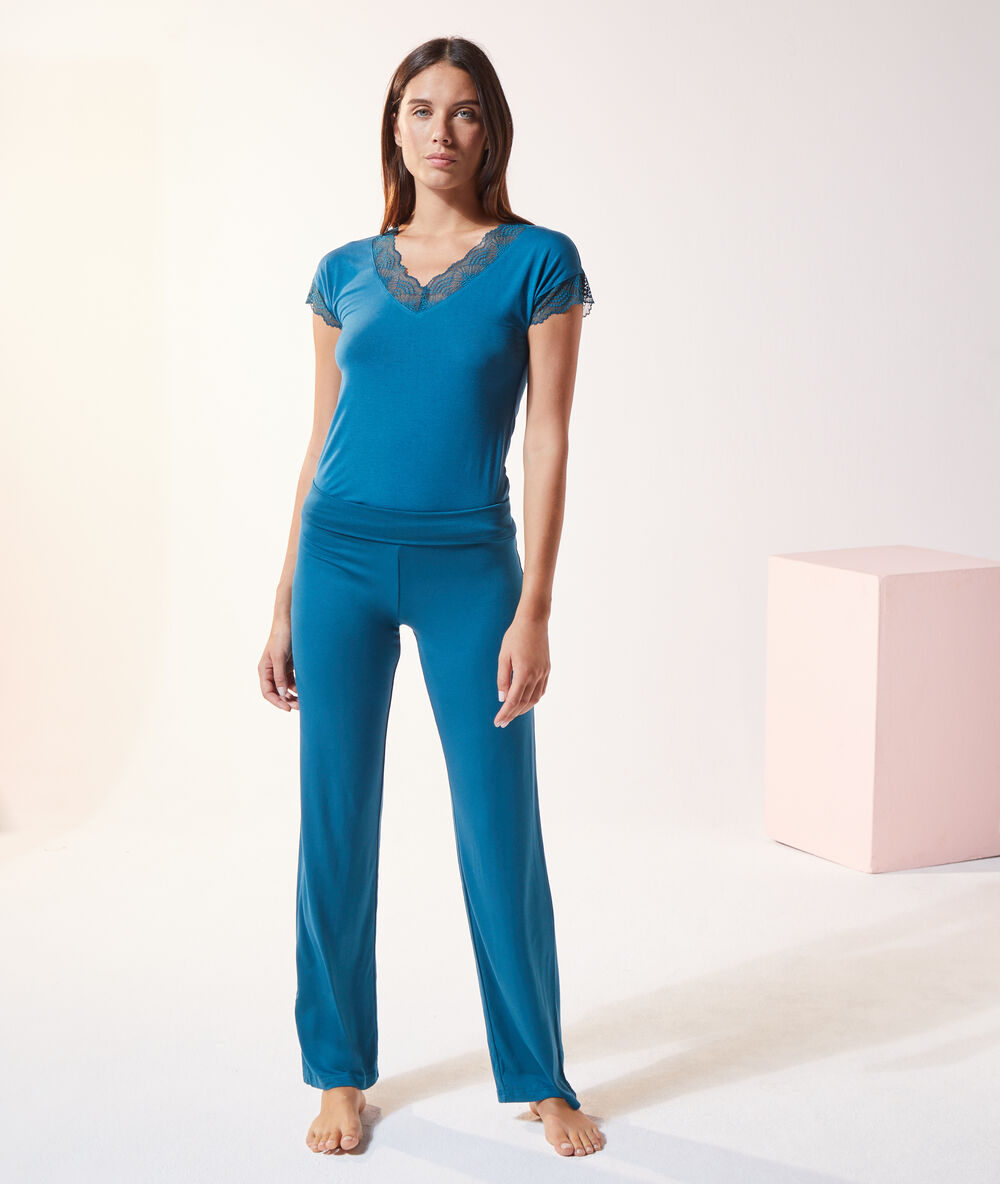 Pantalon fluide taille haute bleu canard.