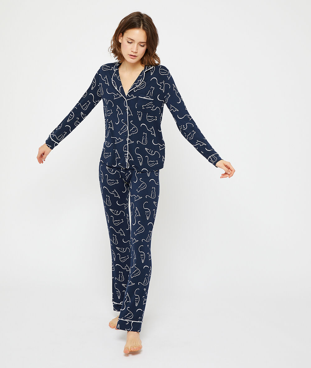 Camisa pijama estampada de gatos, viscosa eco azul marino.