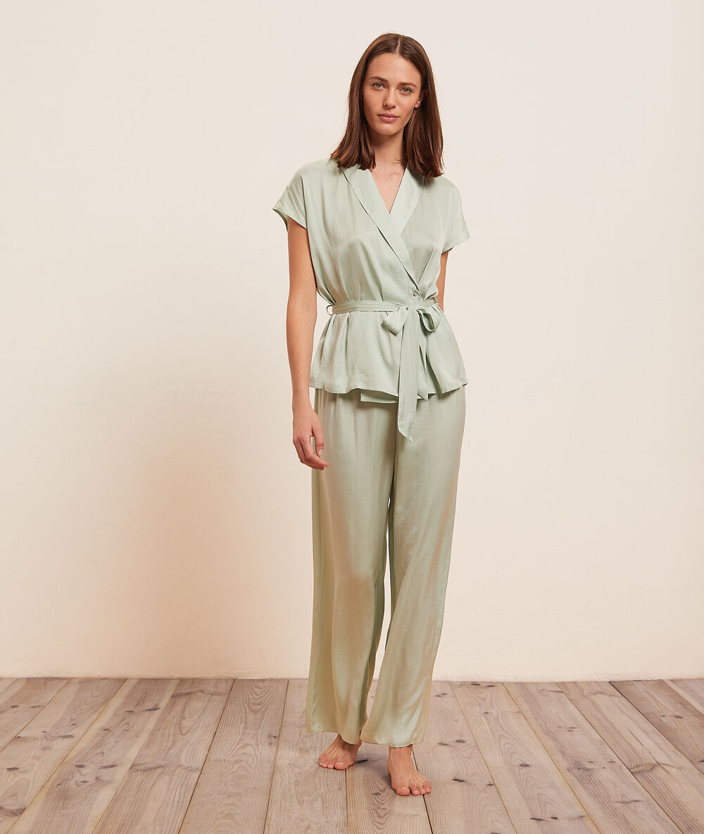 Pantalón pijama ancho de satén celadón.