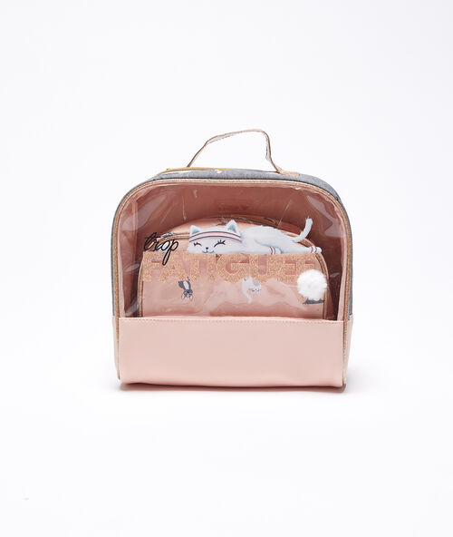 Trousse chat "trop fatigu&eacute;e" rose.