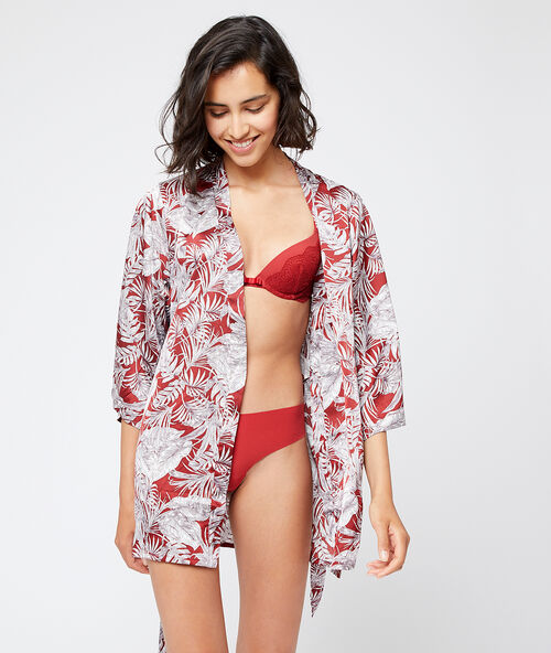 Kimono de sat&eacute;n estampado selva rojo teja.