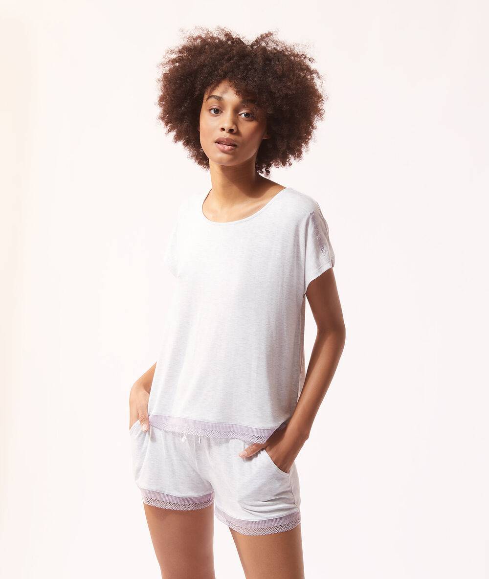 Camiseta lisa con motivos de encaje c.gris.