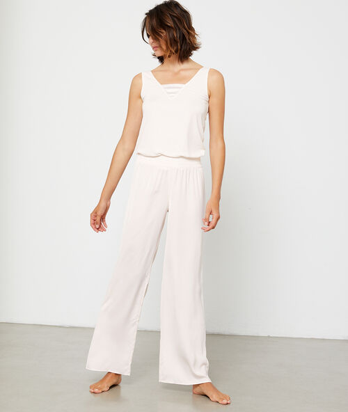 Pantalón recto de satén, cintura elástica rosa pálido.