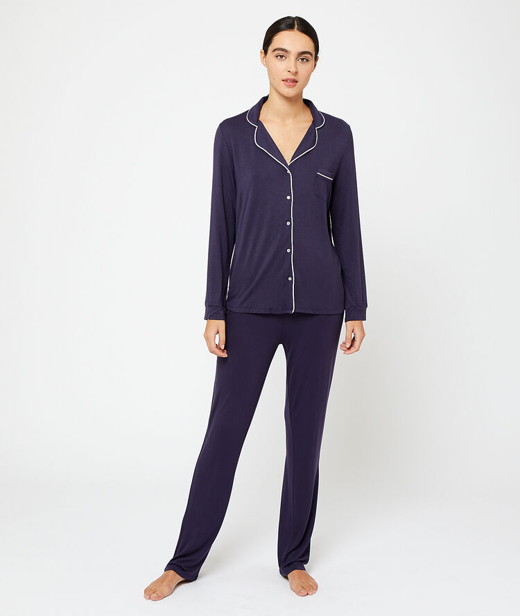 Pantalón liso de viscosa azul marino.