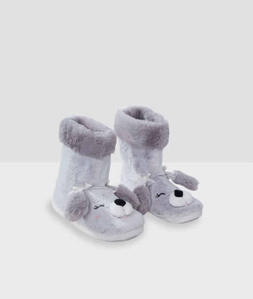 Zapatillas tipo botines tejido peluche perro c.gris.