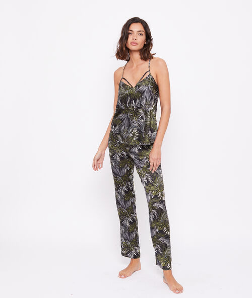 Pantalón estampado tropical negro.