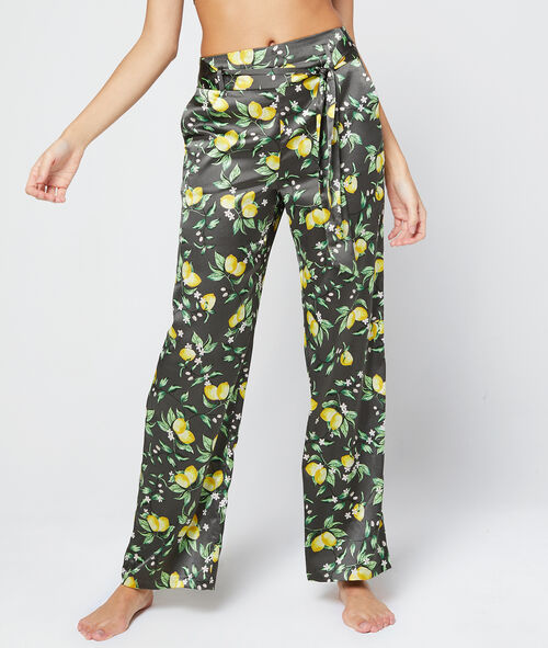 Pantalón largo de satén estampado de limones Pantalón largo de satén estampado de limones