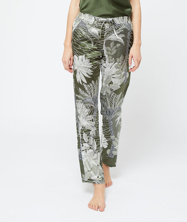 Pantalón largo de satén estampado tropical Pantalón largo de satén estampado tropical;${refinementColor}