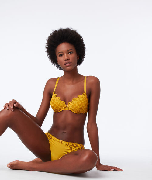 Braguita brasileña de encaje y microfibra amarillo.