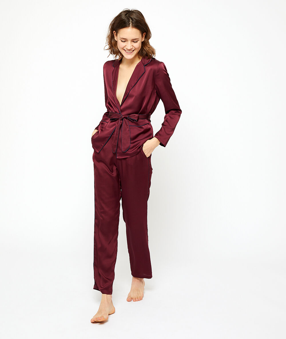 Pantalón pijama de satén granate.