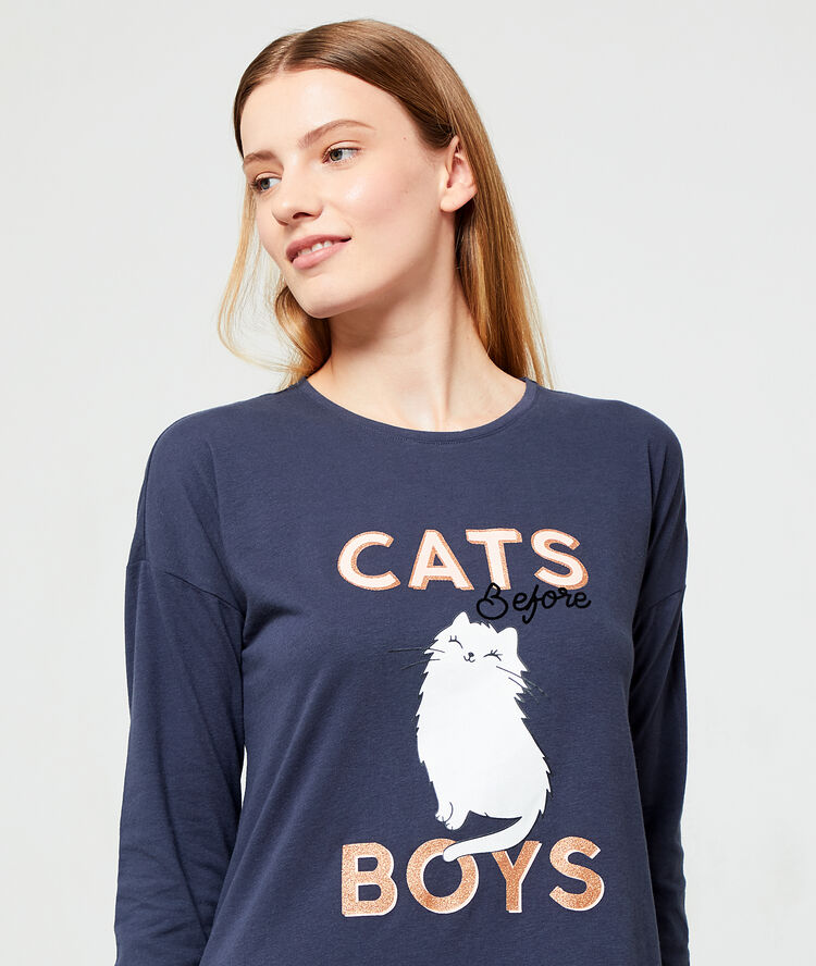 Camisón estampado 'cats before boys' azul.