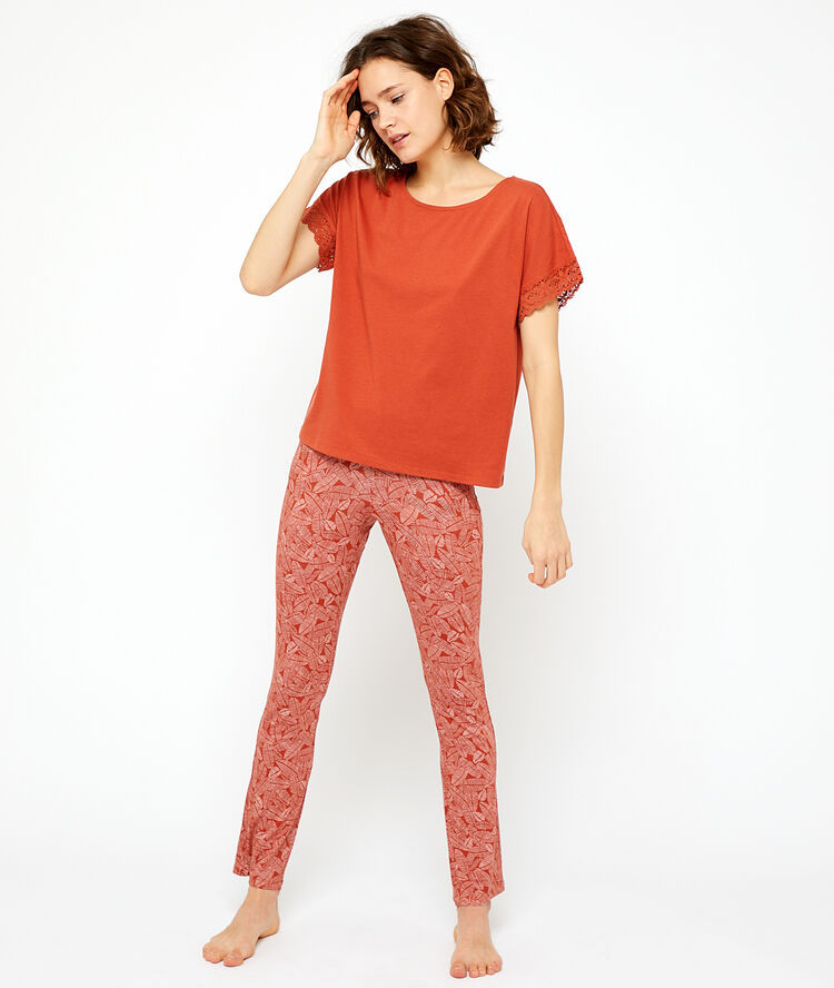 Pantalón estampado de viscosa eco rojo teja.