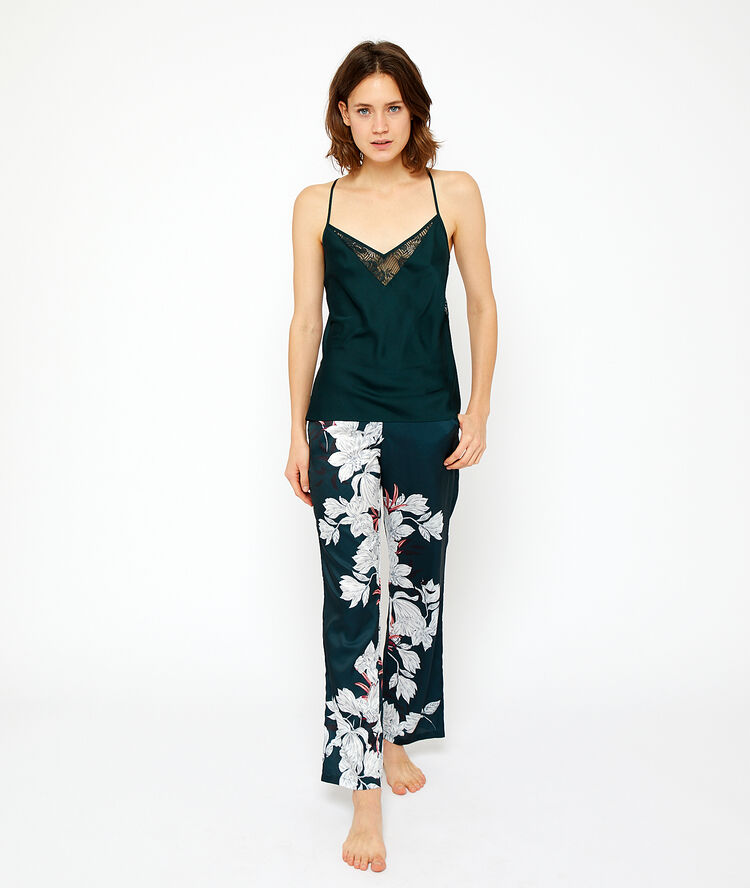 Pantalón pijama de satén estampado floral verde.