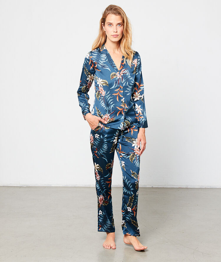 Pantalón de satén estampado azul.