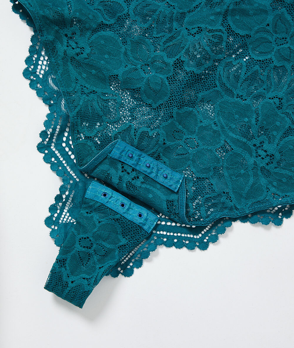 Body escotado de encaje floral azul verde.