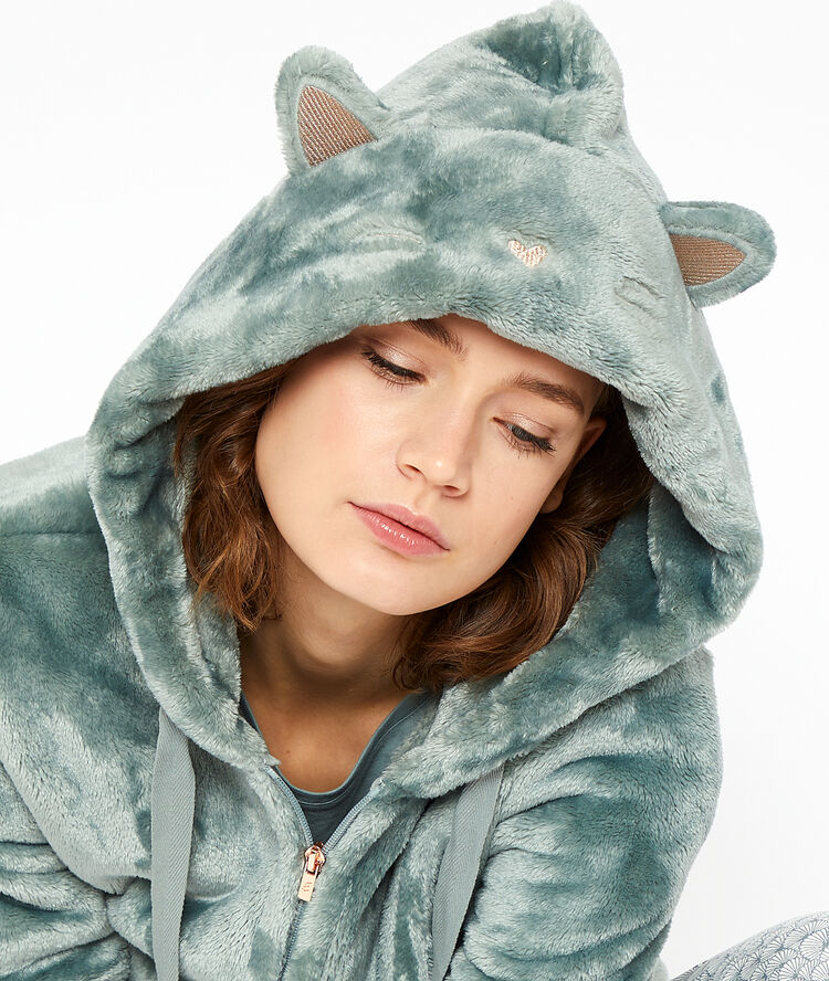 Veste chat en doudou kaki.