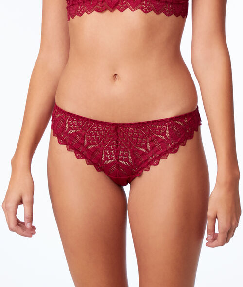 Tanga dos texturas con tiras cruzadas granate.