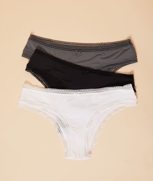 Lote de 3 braguitas con bordes calados negro/c.gris/azul.