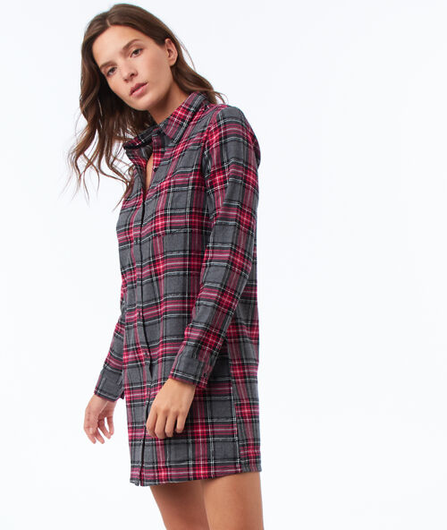Camisón manga larga estampado de cuadros antracita.