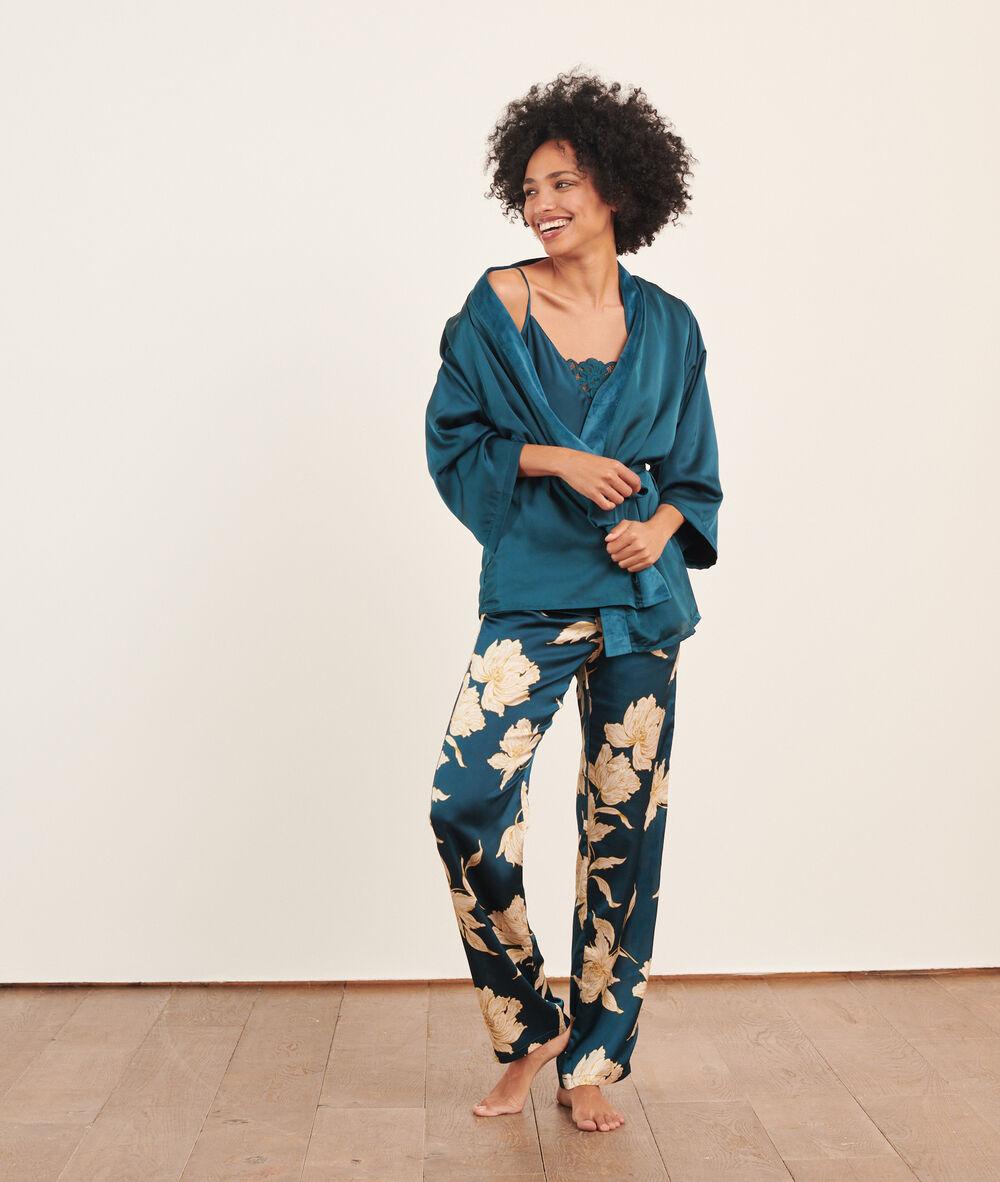 Pyjama 3 pièces satiné bleu canard.