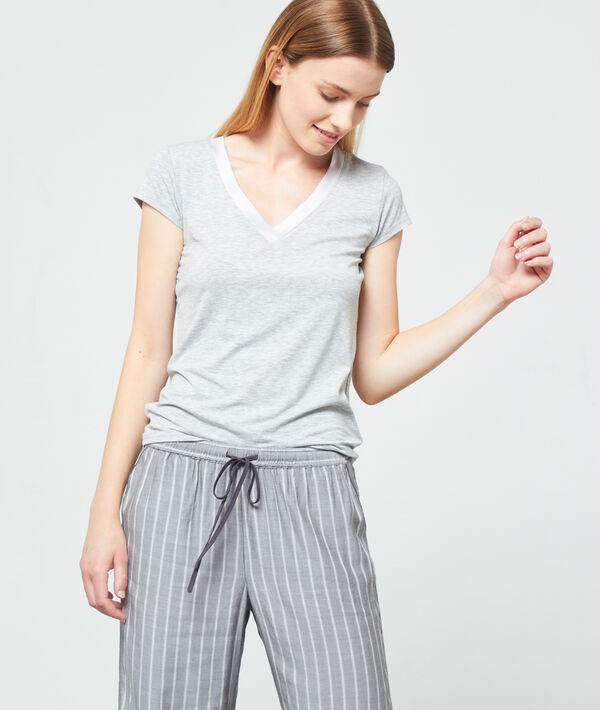 Camiseta escote en v de viscosa, motivos satinados - WARM ME UP - S - Gris - Mujer - Etam