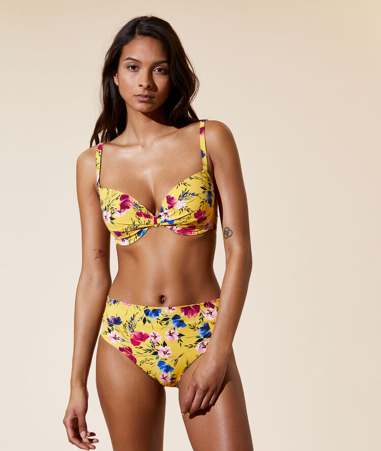 Sujetador bikini con foam, estampado floral. copa d amarillo.