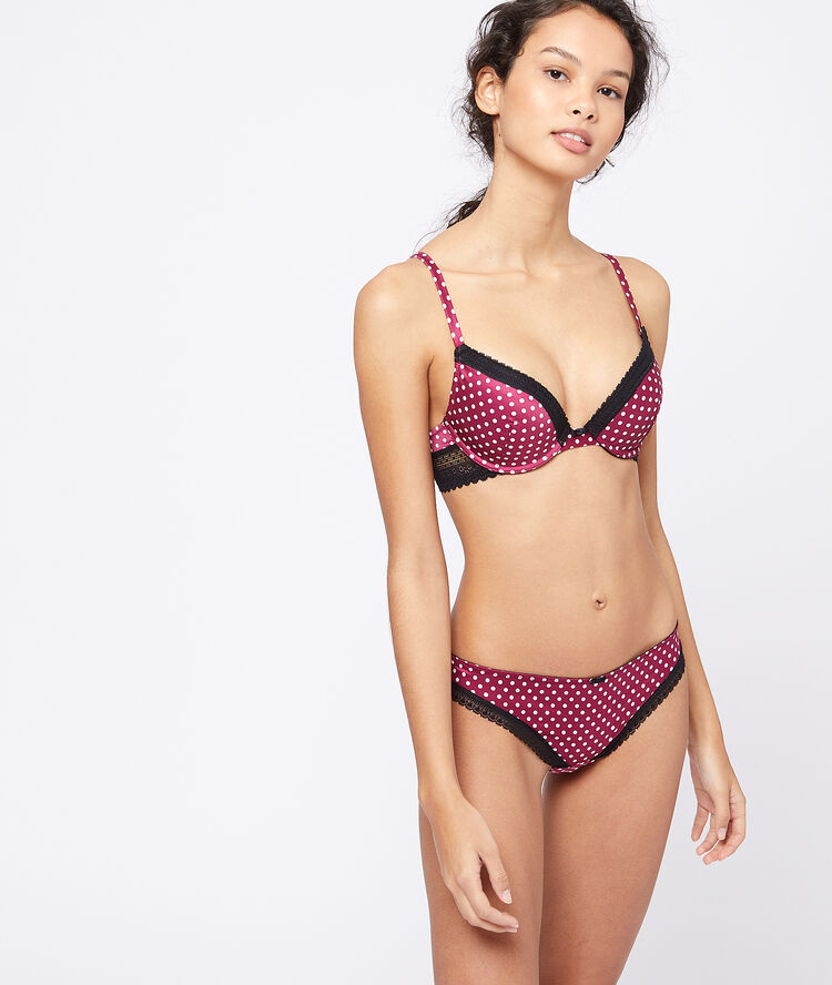 Tanga de satén y encaje, estampado de lunares violeta.