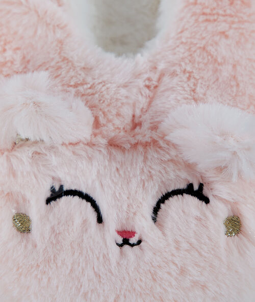 Zapatillas tejido peluche gato rosa.