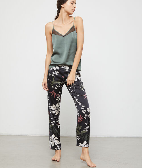 Pantalón de satén estampado floral negro.