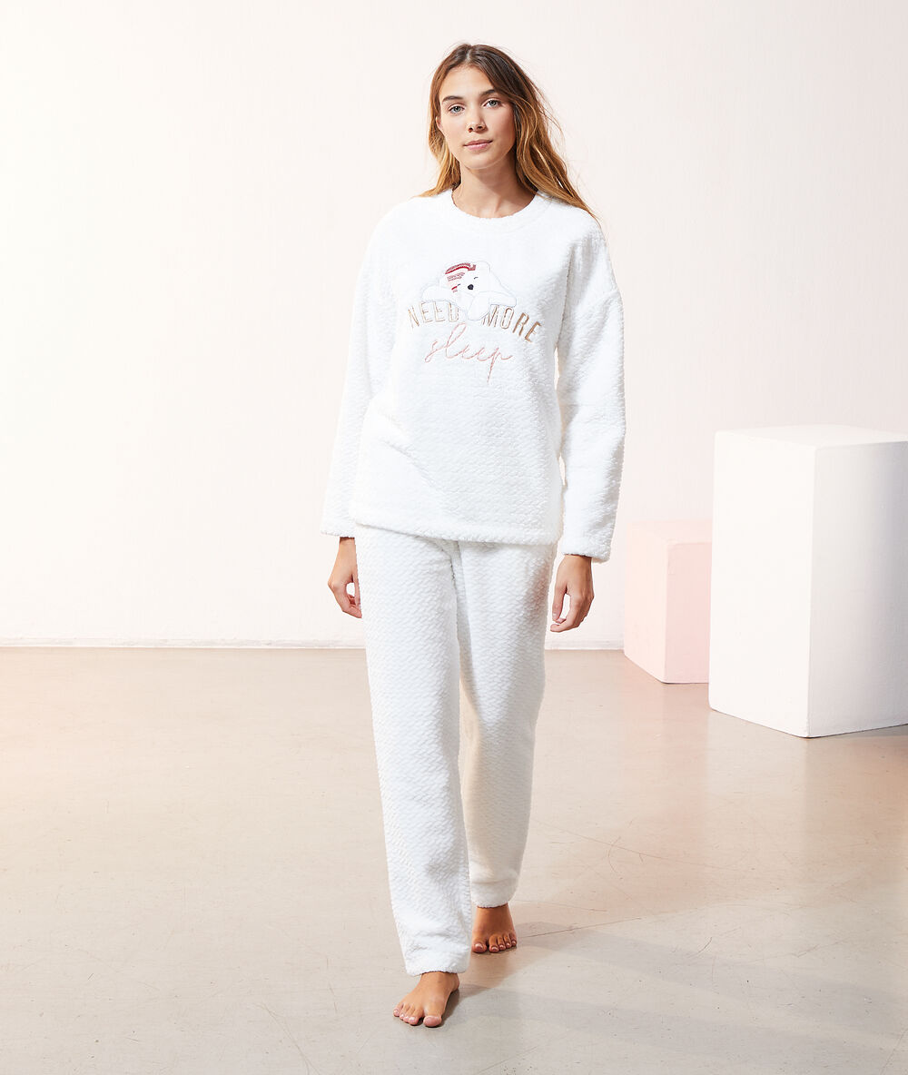 T-shirt polaire manches longues "need more sleep" ecru.