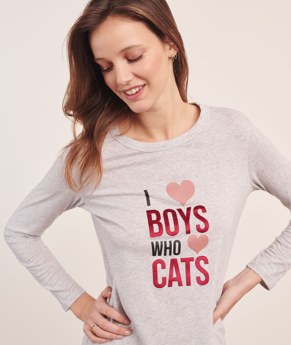 Pijama 3 piezas 'i love boys who love cats' c.gris.