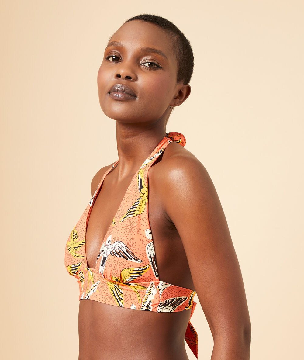 Sujetador bikini triángulo, copas extraíbles coral.
