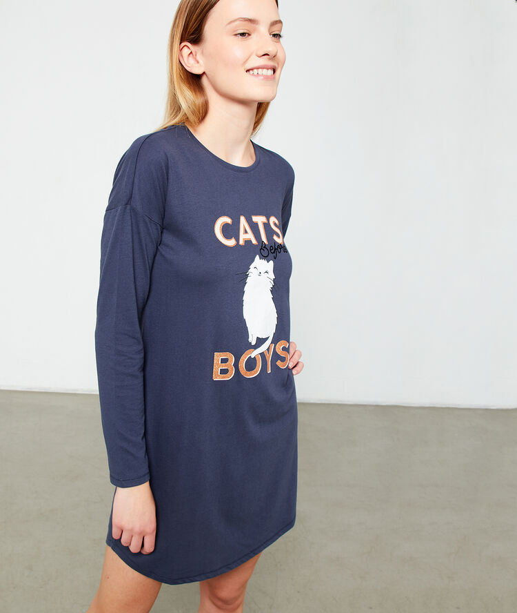 Camisón estampado 'cats before boys' azul.